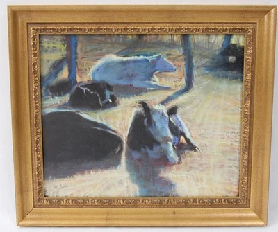 Original Pastel Dibujo Vacas a la Luz del Sol Pennsylvania Granja Paisaje Foto 1 de 4