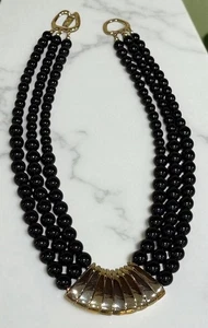Vtg 3-Strand Black Glass Bead/Pearl Necklace Goldtone Metal Enhancer/Clasp 24” - Picture 1 of 10