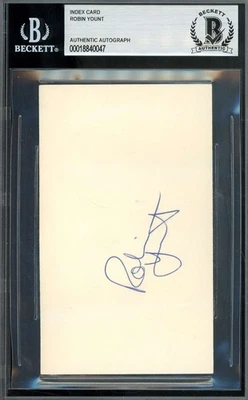 Robin Yount Beckett BAS Signed 3x5 Index Card Brewers Autograph - Image 1 of 2
