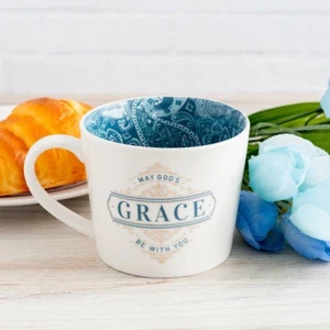 COFFEE MUG: May God's Grace be With You [Blue Floral Ceramic Mug] - Picture 1 of 3