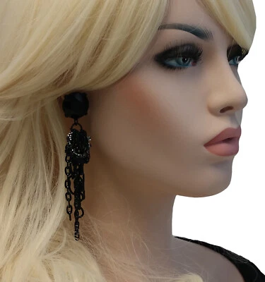 Pendientes Chicos Ismaela Cadena Negra Borla Clip Nuevos con Etiquetas 4.25" Foto 1 de 4
