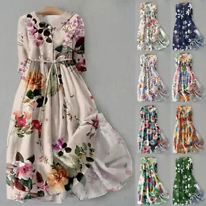 Women's Cotton Linen Dresses Vintage Floral Short Sleeve Button Down Flowy Dress - Picture 1 of 30