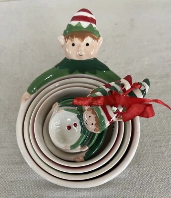 NWOT Christmas Elf/Elves Gnomes Ceramic Measuring Cups and Measuring Spoons Set - Image 1 of 4