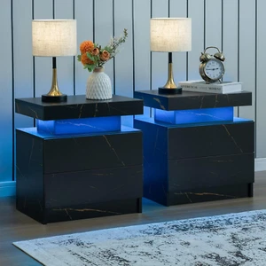 LED Nightstand LED Bedside Table with 2 Drawers, Wooden Cabinet Unit with LED Li - Picture 1 of 12