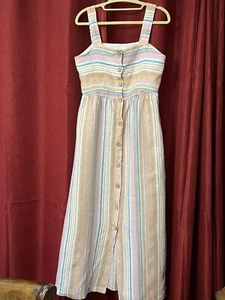 C&C California 100% Linen Maxi Dress Pastel Stripe Button Front Sundress Size 2 - Picture 1 of 14