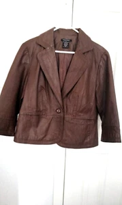 Boston Proper leather short jacket blazer cotton lining 2/3 long sleeve Brown 14 - Picture 1 of 7