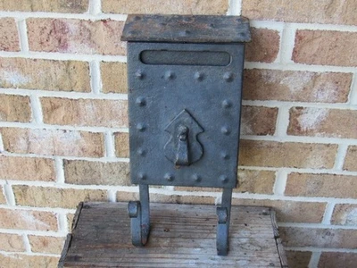 VINTAGE Antique Cast Iron Metal Wall Mounted Mail Letter Box W/ Newspaper Holder - Image 1 of 4
