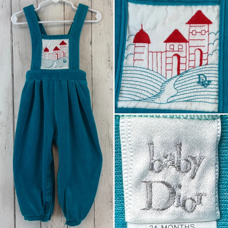 VTG 90's Baby Dior Teal Embroidered Velour Bib Overalls Outlet Size 12 Months  - Image 1 of 4