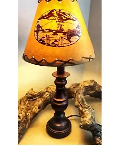 Rustic Lamp Shade Fishing Scene Decal Rawhide Lacing CLIPS-ON-BULB 9x4x7 - Picture 1 of 3