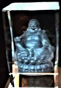 3D LAUGHING BUDDHA ON LOTUS FLOWER CRYSTAL Laser+4 LED LIGHT BASE NEW GIFT BOX - Picture 1 of 6