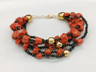 bracciale donna vero corallo rosso di Sardegna agata nera argento 925 multifilo - Immagine 1 di 4