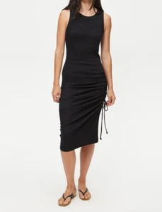 Michael Stars Hope Black Sleeveless Ribbed High Neck Ruched Midi Sheath Dress XS - Picture 1 of 6