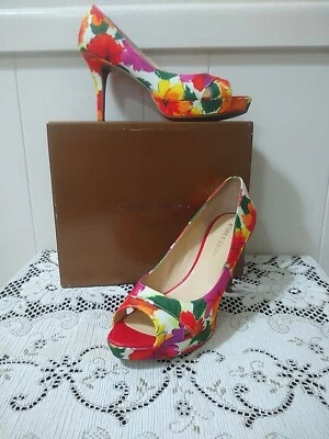 Audrey Brooke Floral Canvas Peep Toe Platform Heels 3.75"  Size 8.5 VGC - Image 1 of 4