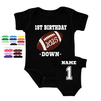 1st Birthday down football bodysuit first year fun wear keepsake personalized - Image 1 of 4