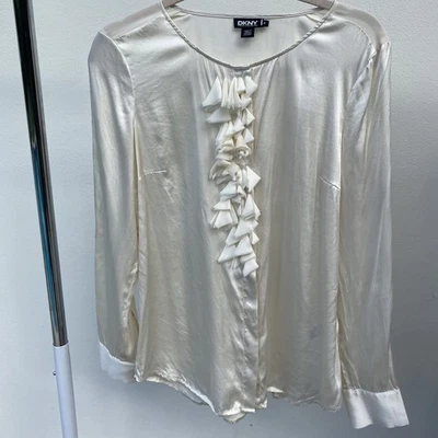 Vintage DKNY Cream Silk Satin & Chiffon Ruffled Blouse Size Medium  - Image 1 of 4
