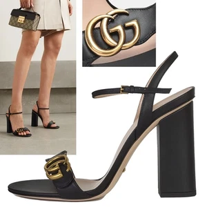 GUCCI SHOES MARMONT DOUBLE G LOGO BLACK LEATHER SANDALS HIGH HEEL sz 41.5 / 11.5 - Picture 1 of 17