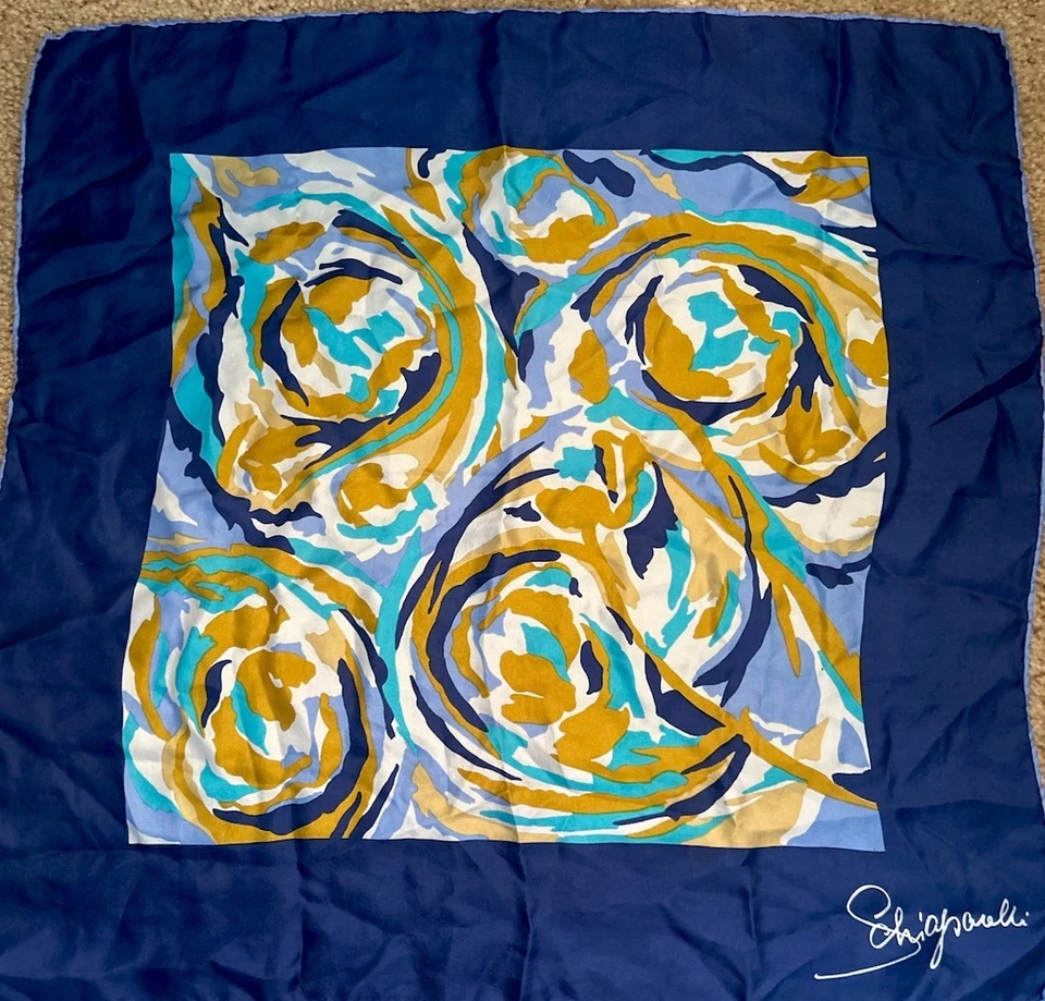 Bufanda Schiaparelli Pura Seda Mediados de Siglo Mod Azul Dorado Turquesa Foto 1 de 4