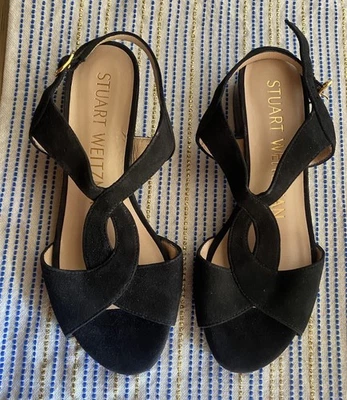 Stuart Weitzman Shalena Black Suede Strappy Sandal Buckle Sz  4 NEW - Image 1 of 4
