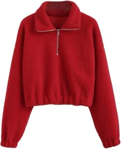 ZAFUL Felpa donna media mezza zip rossa soffice top pullover manica lunga - Foto 1 di 7