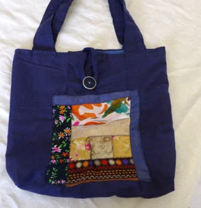 Handgemachte gesteppte blaue Tasche Handtasche Tote Button 2 lange Handels... - Picture 1 of 11