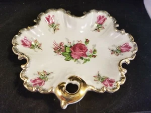 vintage leaf shaped porcelain dish with gold trim and rose pattern - Picture 1 of 7