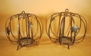 2 JAPANESE ANTIQUE IRON RIBBED HANGING OR STANDING LANTERNS / CANDLE / OIL LIGHT - Picture 1 of 22