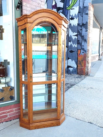 Curio Oak Lighted  Mirrored arched display cabinet Cover