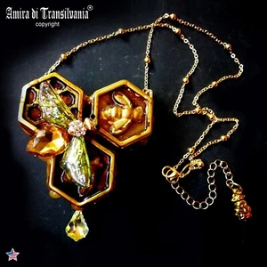 Queen Bee Jewelry Luxury Necklace Gold Bumble Honey Bee Nest Crystal Pendant Bib - Picture 1 of 24