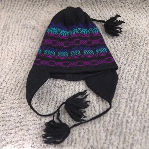 Vintage Wool Beanie Hat Kids Knit Cap Ear Flaps Pom Black Purple Blue Meister - Picture 1 of 6