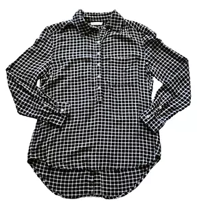 Beach Lunch Lounge Blouse Top Flannel Popover Women's M Black Ivory Checked - Picture 1 of 13