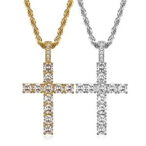Iced Out Cross Pendant Necklace Stainless Steel Plated Gold Hip Hip Women Men - Picture 1 of 11