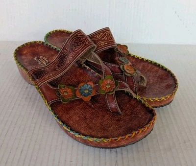 Spring Step Sandals Sz 7.5-8   Wedges Beaded Floral Leather Comfort Brown NEW - Image 1 of 4