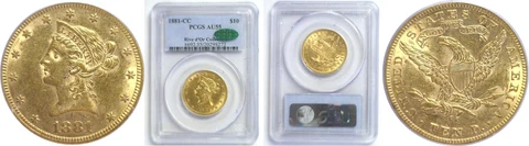 1881-CC $10 Gold Coin PCGS AU-55 CAC Cover