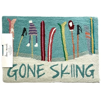 Liora Manne Front Porch Indoor Outdoor Gone Skiing Blue Area Rug 20”x30” Snow CO - Image 1 of 4