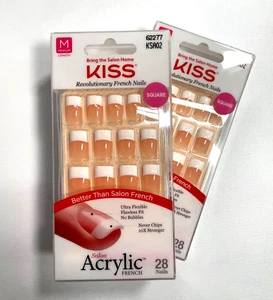 2 Pack KISS Salon Acrylic French Nails 28 Count Medium Length Square 62277 KSA02 - Picture 1 of 7