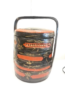 18" Red ~ Black ~ Gold Chinese Lacquer Wood Bamboo Wedding Basket *3 Tier - Picture 1 of 6
