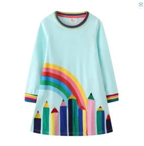 NEW Rainbow Pencils Girls Blue Long Sleeve Back to School Tunic Dress - Picture 1 of 3
