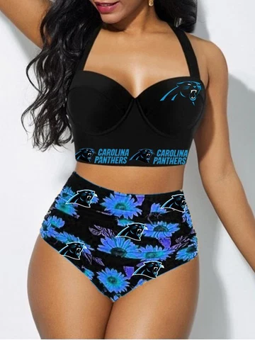 Carolina Panthers Women's Bikini Set 2 Piece Beach Halter High Waist Swimwear Cover