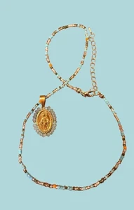 Religious Mary Catholic metal scapular blue beaded necklace 18” adjustable new - Picture 1 of 7