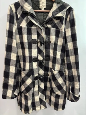 Anthropologie Tulle Wool Toggle Coat XL Black White Plaid Hooded Jacket - Image 1 of 4