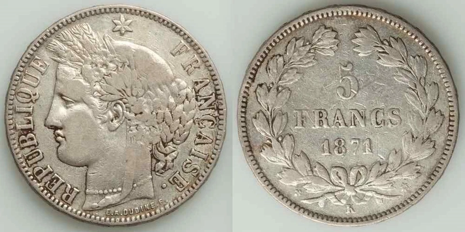 France Republic 1871 Silver 5 Francs Coin Laureate Woman's Bust Facing Left VF+ - Image 1 of 3