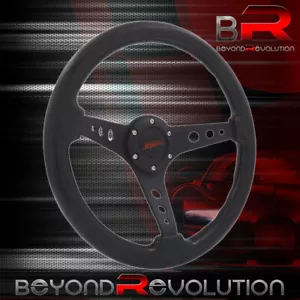 350mm Black Wood Grain 3 Spokes Deep Dish Aluminum Sport Steering Wheel + Button - Picture 1 of 4