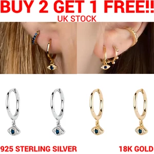Evil eye Earrings 925 Sterling Silver Huggie Ear Studs Gold Hoop Crystal Womens - Picture 1 of 19
