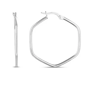 1" Shiny Rounded Edges Hexagon Hoop Earrings Real 14K White Gold - Picture 1 of 2
