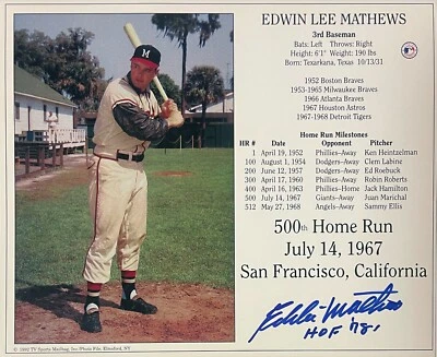 Eddie/Ed Mathews signed Braves 500th HR 7/14/67 8x10 Photo/Card w/ HOF '78 - COA - Image 1 of 2