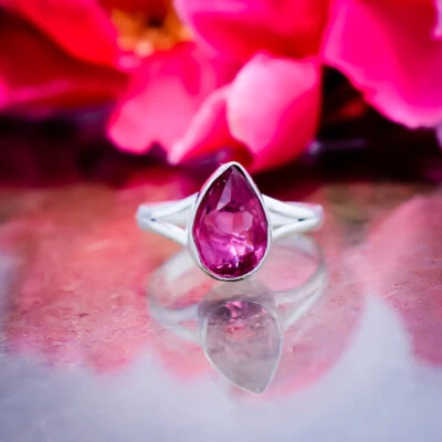 Valentine's Day Rubellite Gemstone 925 Sterling Silver Handmade Ring All Size - Image 1 of 3