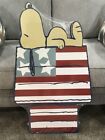 Snoopy On Patriotic Flag Doghouse 3 Foot Tall Wooden Sign