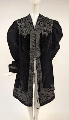 VICTORIAN 19TH C BLACK SILK VELVET COAT W PUFF SLEEVE + SOUTACHE BRAID DETAIL - Image 1 of 4