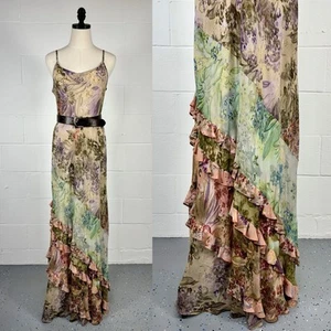 Vintage 90s Sheer Floral Bias Cut Maxi Slip Dress Tiered Ruffles Whimsigoth L - Picture 1 of 15