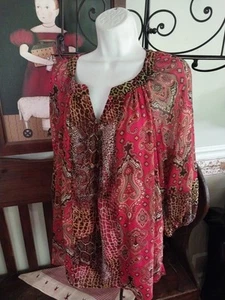 UNKNOWN BLOUSE REPTILE & PAISLEY PRINT V-NECK SHIRT WOMEN'S 1X PULLOVER CASUAL - Picture 1 of 5